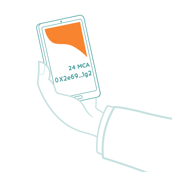 Illustration of a mobile phone that shows a purchased tile with the blockchain transaction address